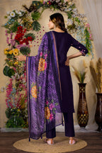Moonpalav Magenta Roman Silk Handwork Kurti Set with Floral Digital Dupatta