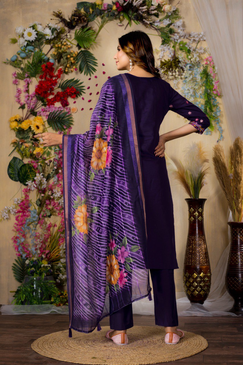 Moonpalav Magenta Roman Silk Handwork Kurti Set with Floral Digital Dupatta