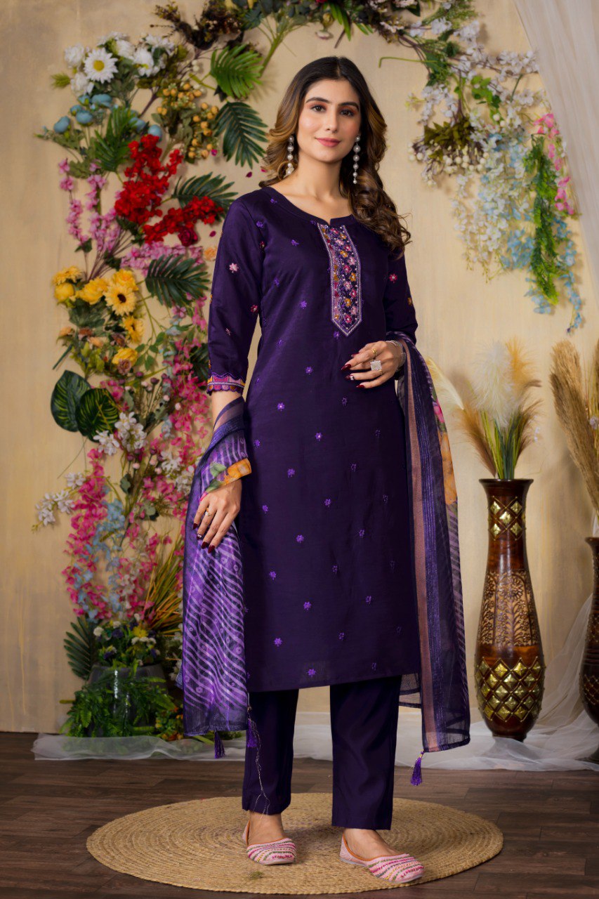 Moonpalav Magenta Roman Silk Handwork Kurti Set with Floral Digital Dupatta