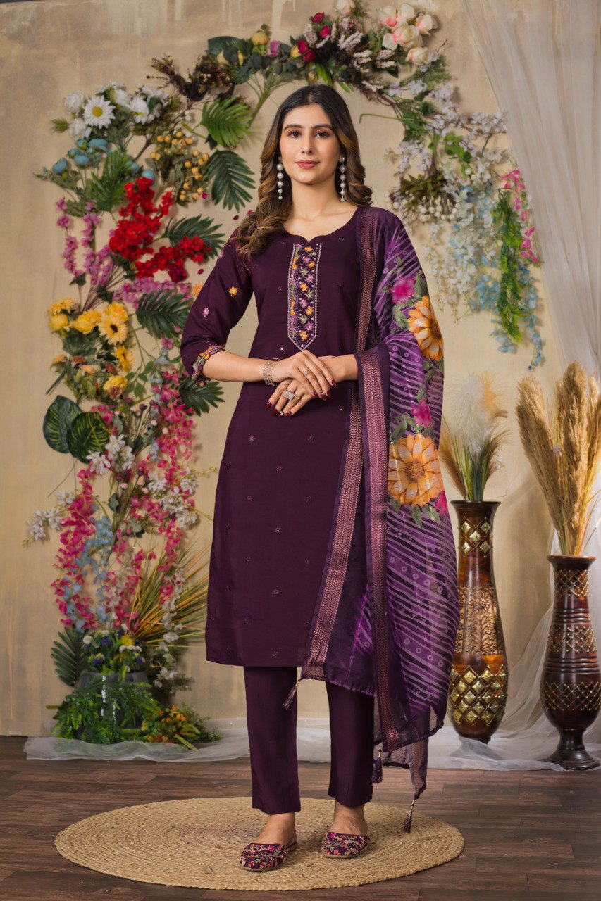 Moonpalav Wine Roman Silk Hand Embroidered Kurti Set with Digital Print Dupatta