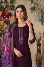 Moonpalav Wine Roman Silk Hand Embroidered Kurti Set with Digital Print Dupatta