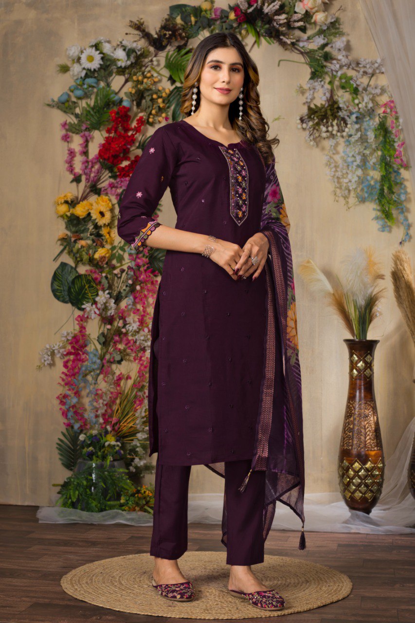 Moonpalav Wine Roman Silk Hand Embroidered Kurti Set with Digital Print Dupatta