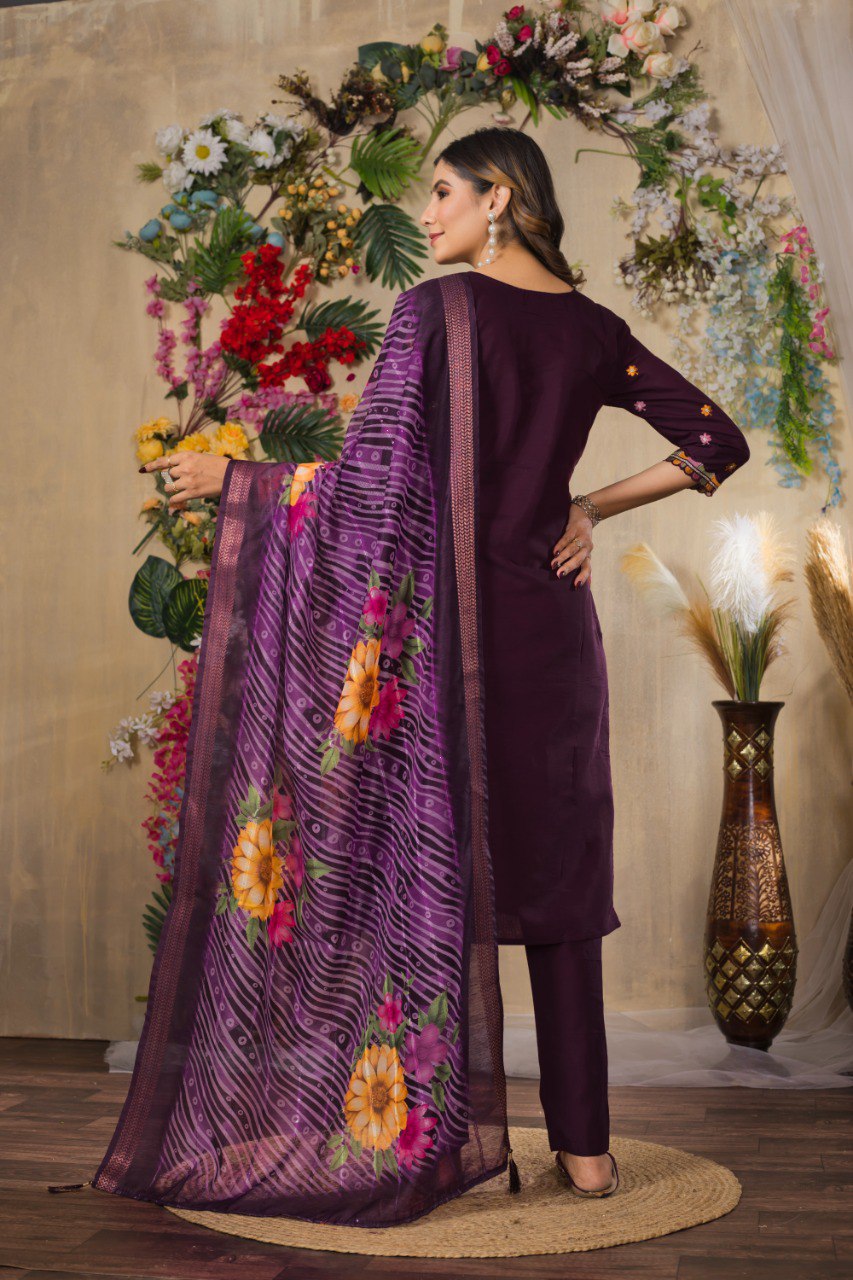 Moonpalav Wine Roman Silk Hand Embroidered Kurti Set with Digital Print Dupatta