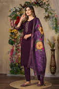 Moonpalav Wine Roman Silk Hand Embroidered Kurti Set with Digital Print Dupatta