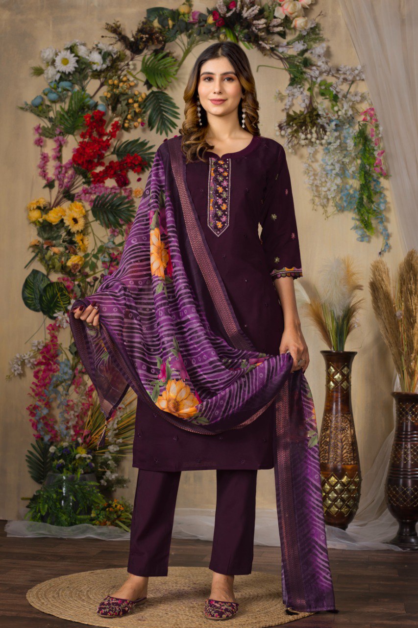 Moonpalav Wine Roman Silk Hand Embroidered Kurti Set with Digital Print Dupatta