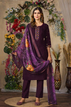 Moonpalav Wine Roman Silk Hand Embroidered Kurti Set with Digital Print Dupatta
