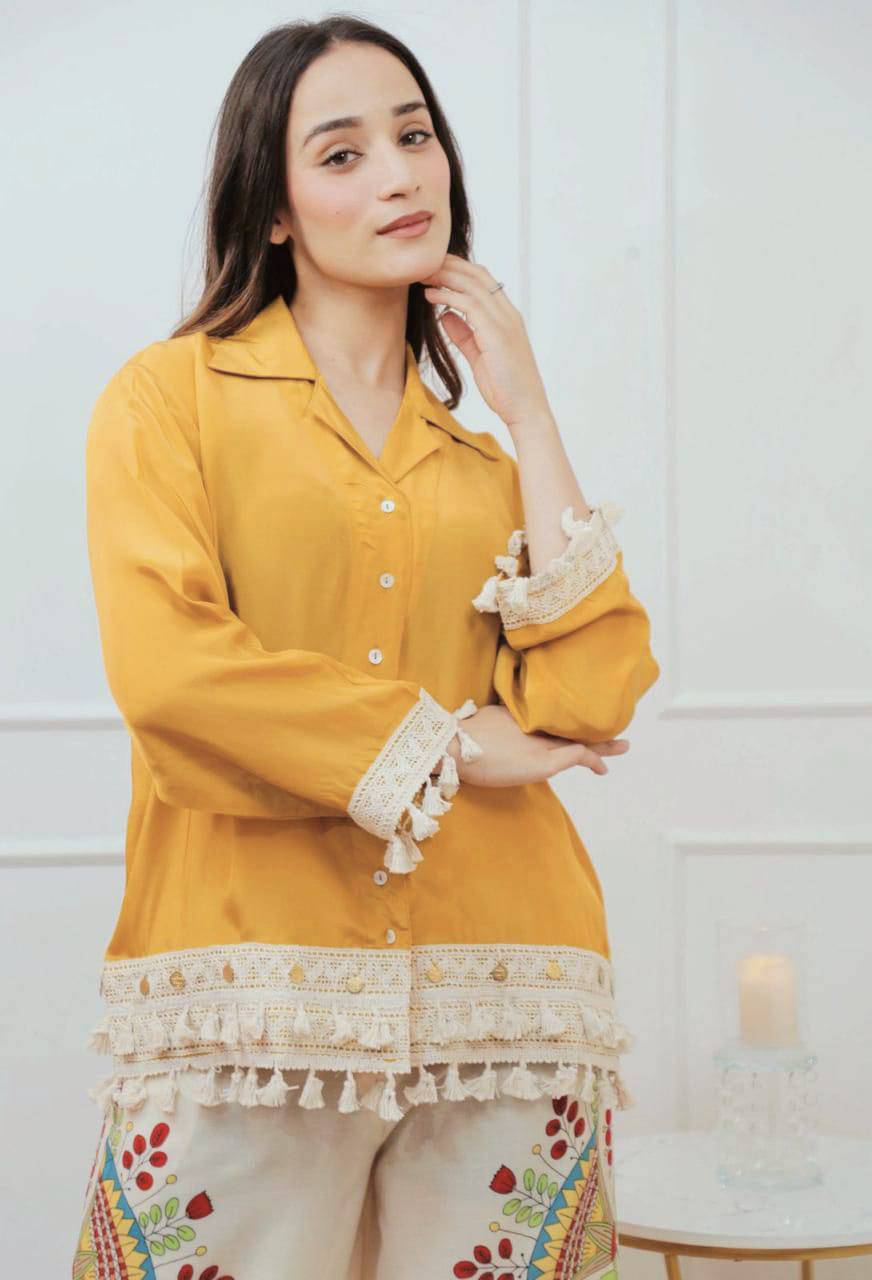 Lime Green Boho Co-ord Set | Tassel Hem Shirt & Printed Palazzo Pants