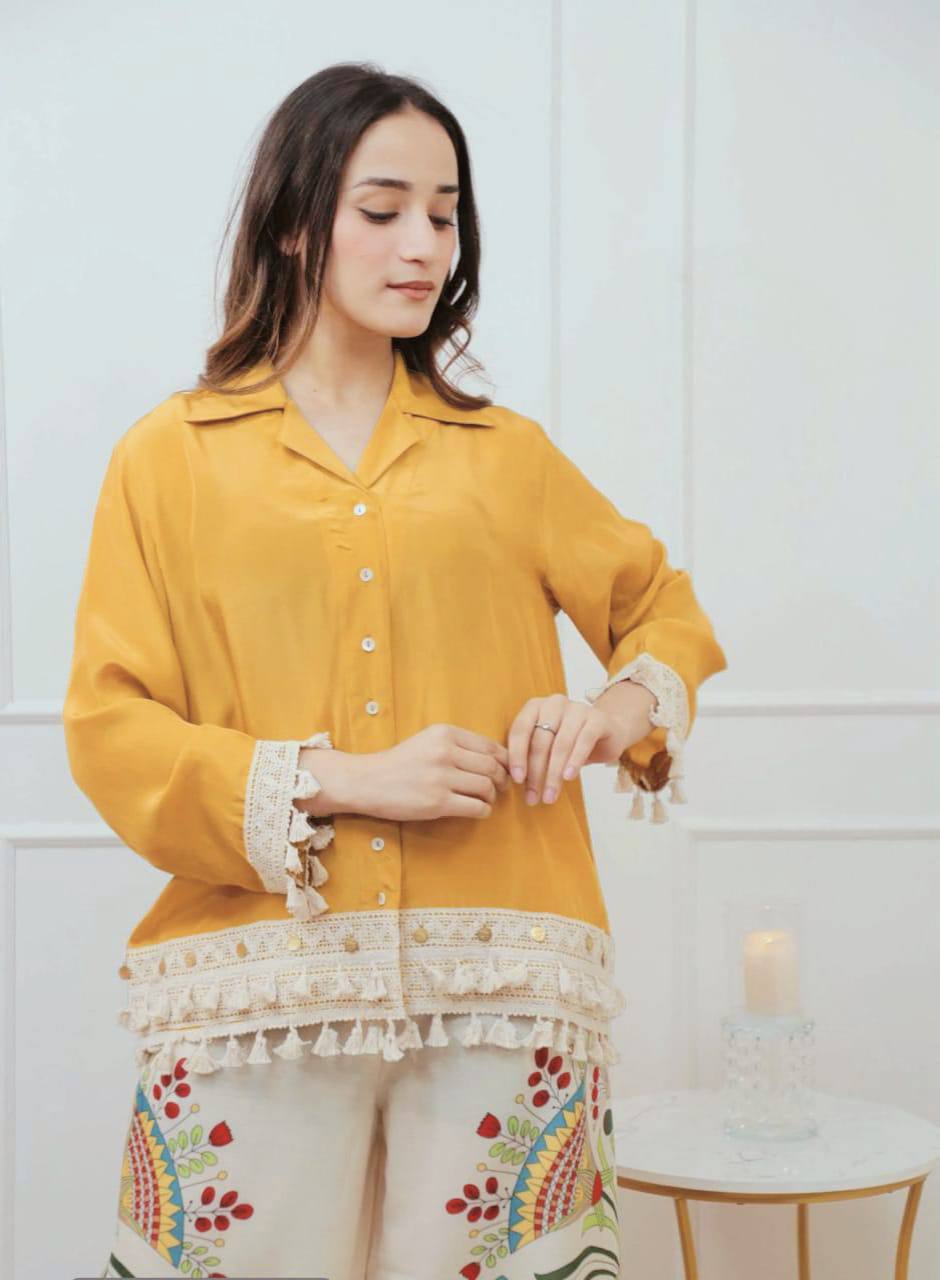 Lime Green Boho Co-ord Set | Tassel Hem Shirt & Printed Palazzo Pants