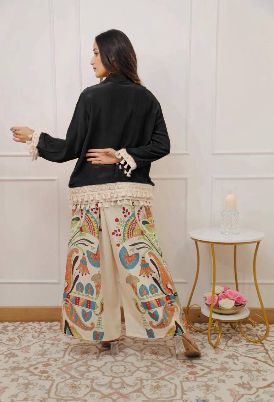 Lime Green Boho Co-ord Set | Tassel Hem Shirt & Printed Palazzo Pants