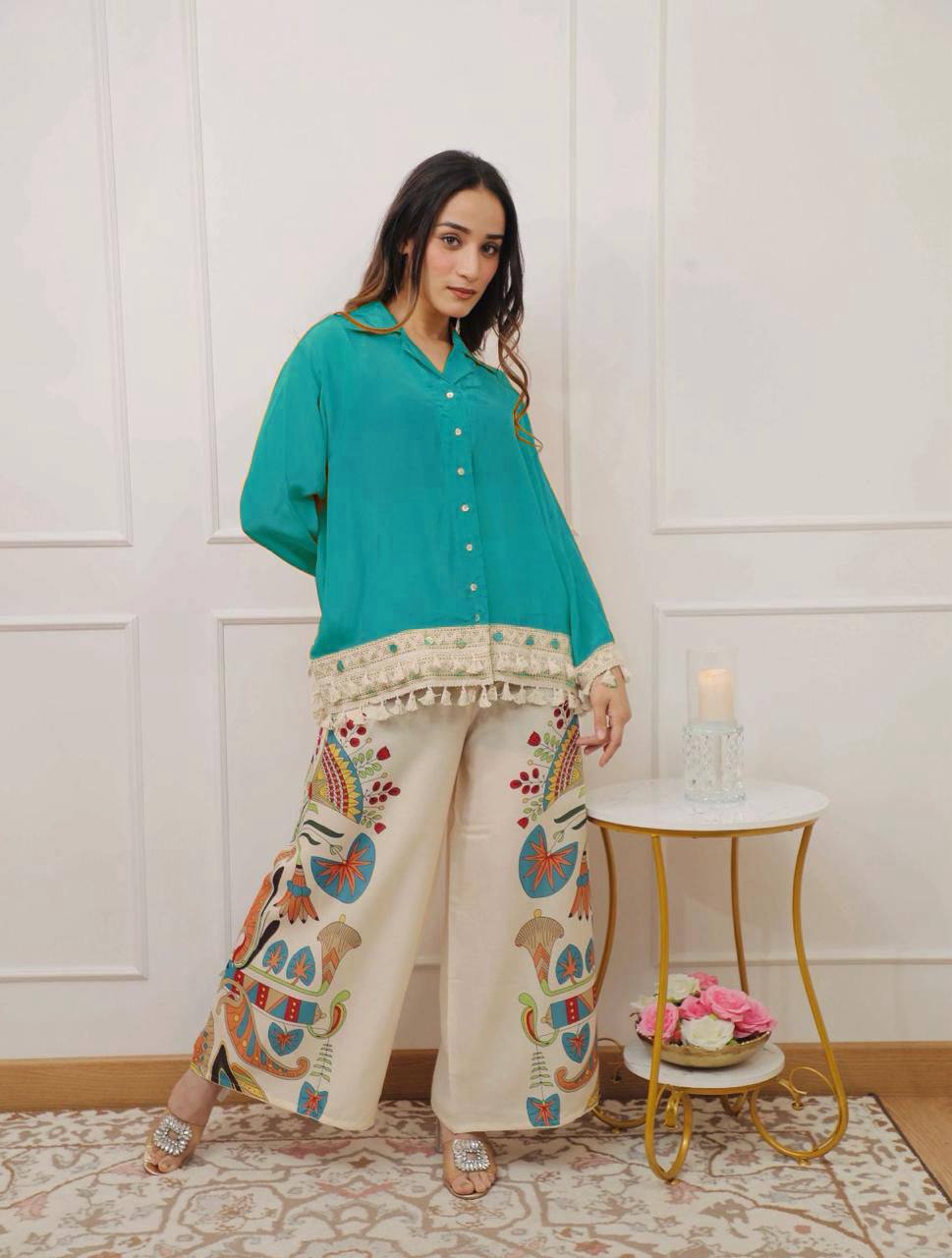 Lime Green Boho Co-ord Set | Tassel Hem Shirt & Printed Palazzo Pants