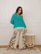 Lime Green Boho Co-ord Set | Tassel Hem Shirt & Printed Palazzo Pants