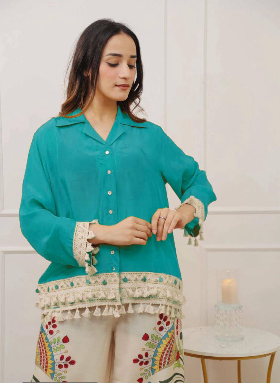 Lime Green Boho Co-ord Set | Tassel Hem Shirt & Printed Palazzo Pants