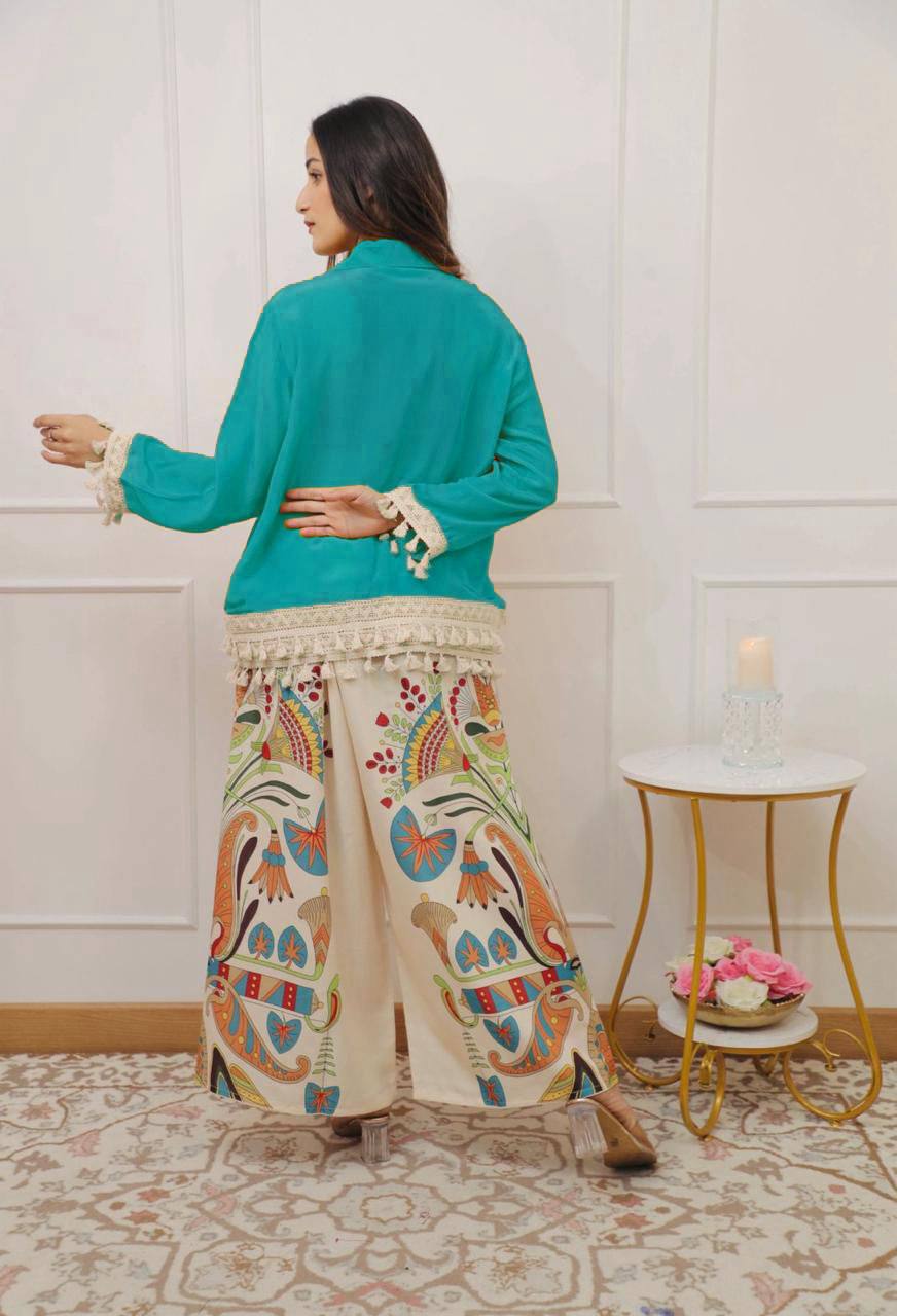 Lime Green Boho Co-ord Set | Tassel Hem Shirt & Printed Palazzo Pants