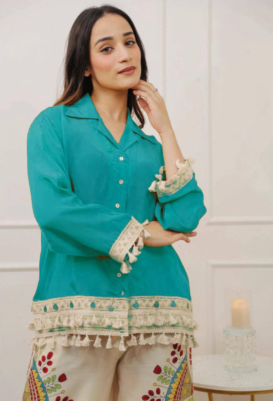 Lime Green Boho Co-ord Set | Tassel Hem Shirt & Printed Palazzo Pants