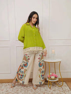 Lime Green Boho Co-ord Set | Tassel Hem Shirt & Printed Palazzo Pants