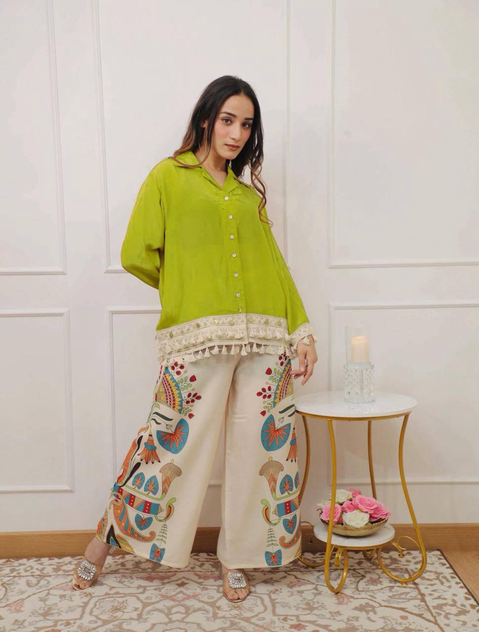 Lime Green Boho Co-ord Set | Tassel Hem Shirt & Printed Palazzo Pants
