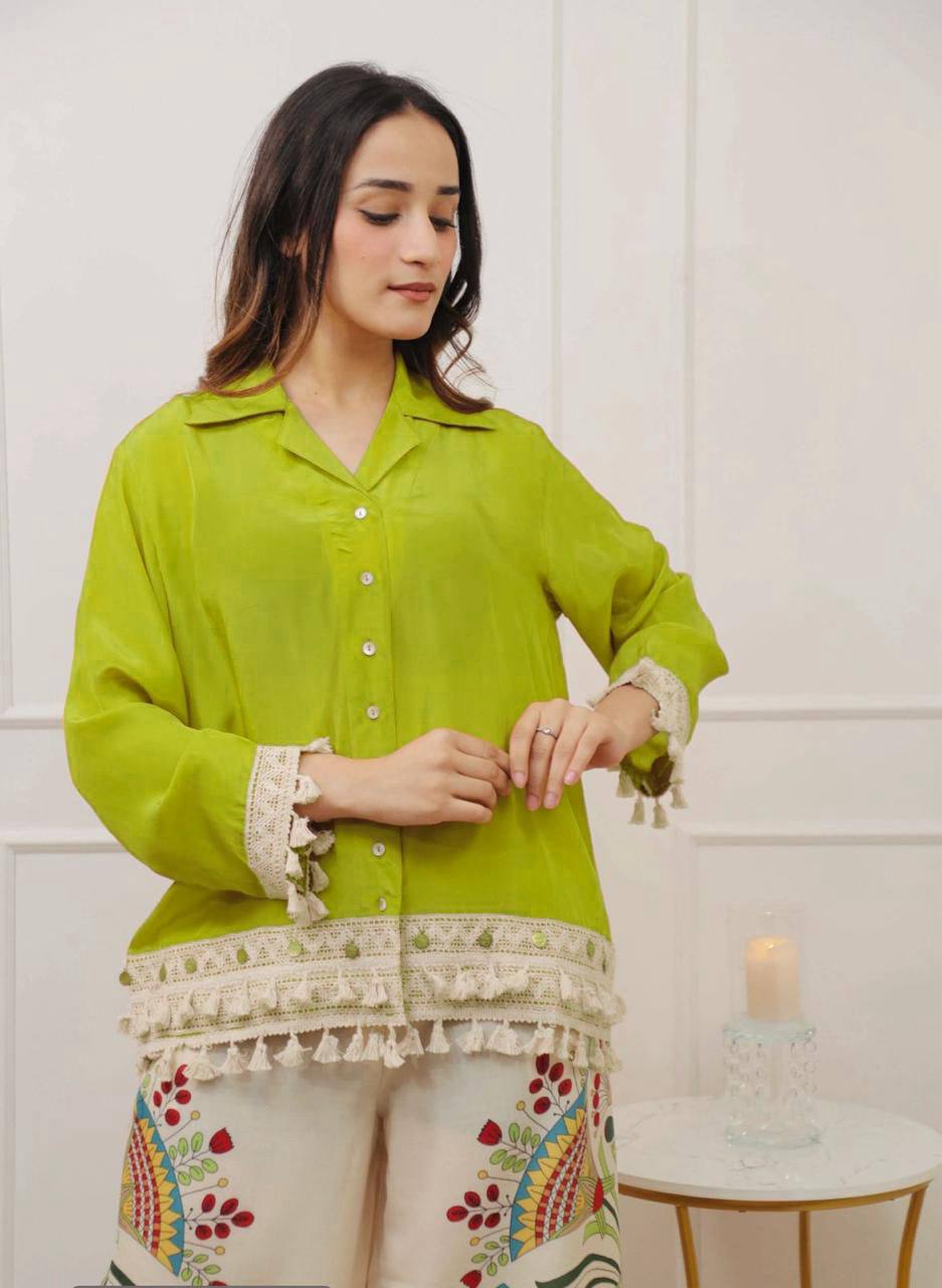 Lime Green Boho Co-ord Set | Tassel Hem Shirt & Printed Palazzo Pants