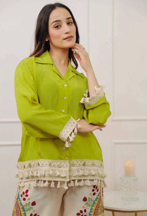 Lime Green Boho Co-ord Set | Tassel Hem Shirt & Printed Palazzo Pants