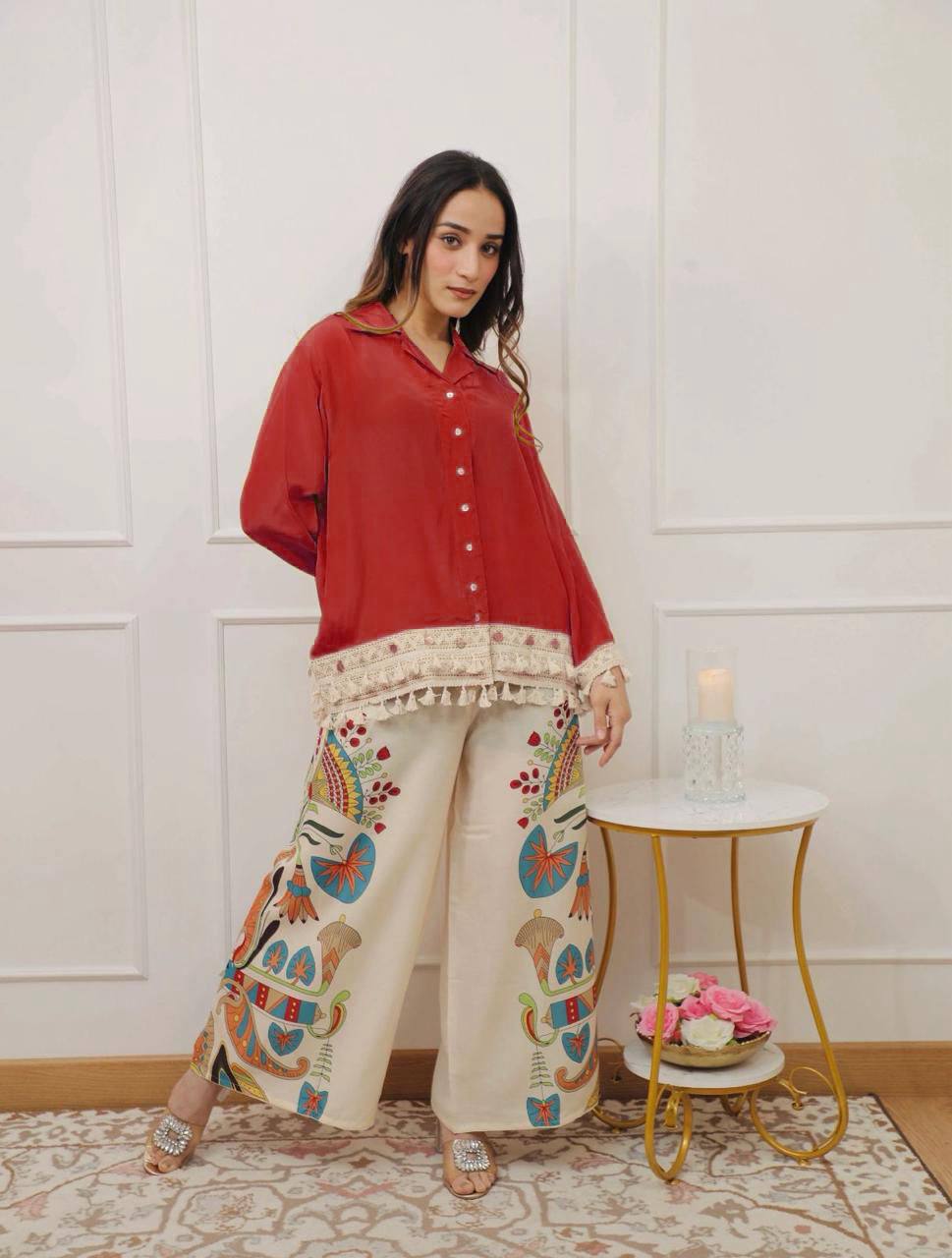 Lime Green Boho Co-ord Set | Tassel Hem Shirt & Printed Palazzo Pants