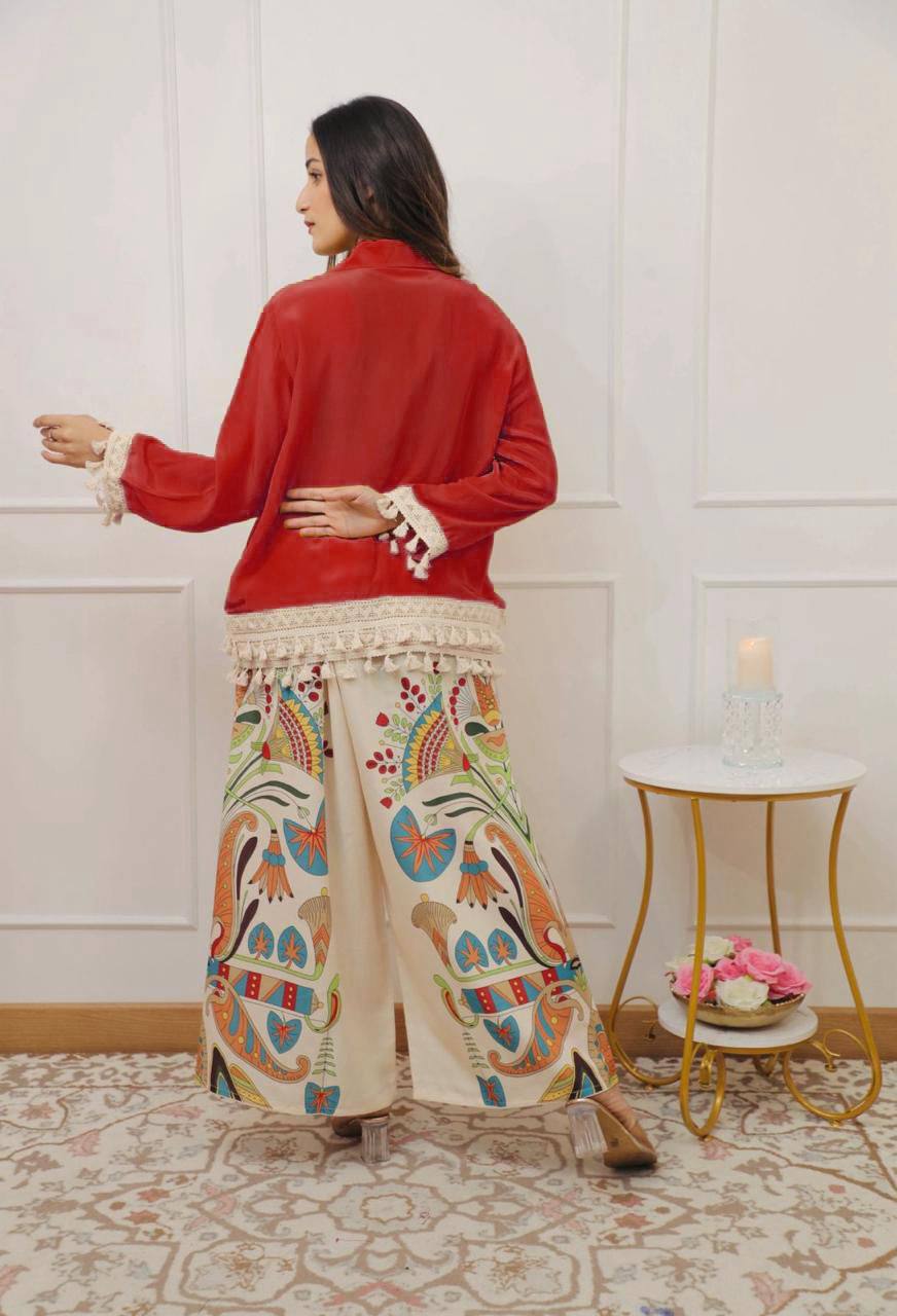 Lime Green Boho Co-ord Set | Tassel Hem Shirt & Printed Palazzo Pants