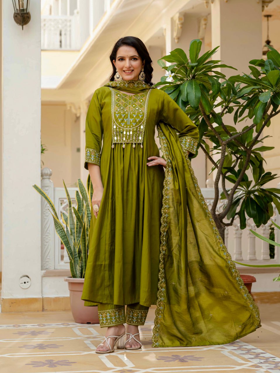 Moonpalav Earthy Olive Roman Silk Mirror Work Anarkali Set with Dupatta