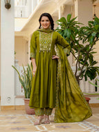 Moonpalav Earthy Olive Roman Silk Mirror Work Anarkali Set with Dupatta