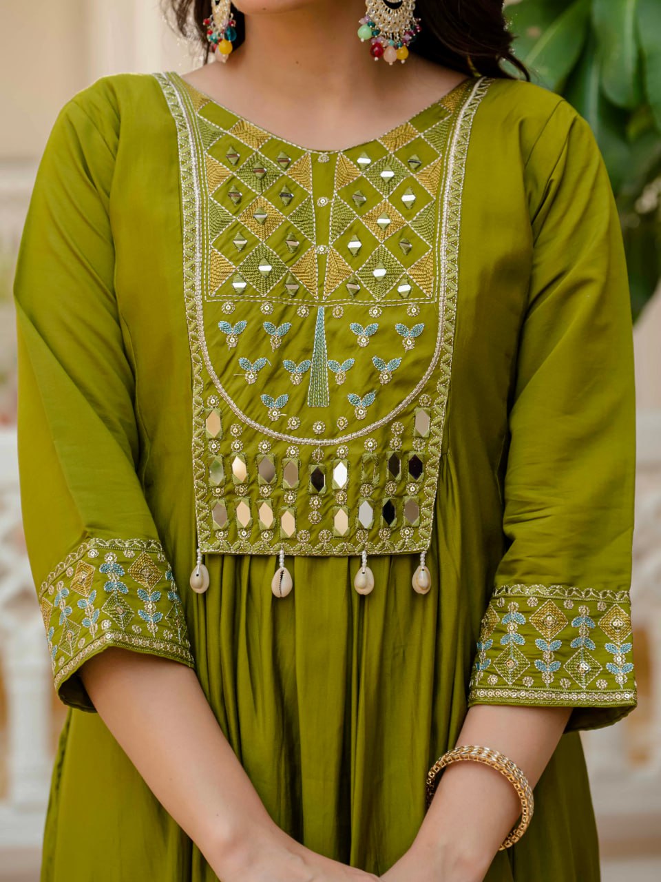Moonpalav Earthy Olive Roman Silk Mirror Work Anarkali Set with Dupatta