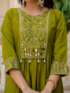 Moonpalav Earthy Olive Roman Silk Mirror Work Anarkali Set with Dupatta