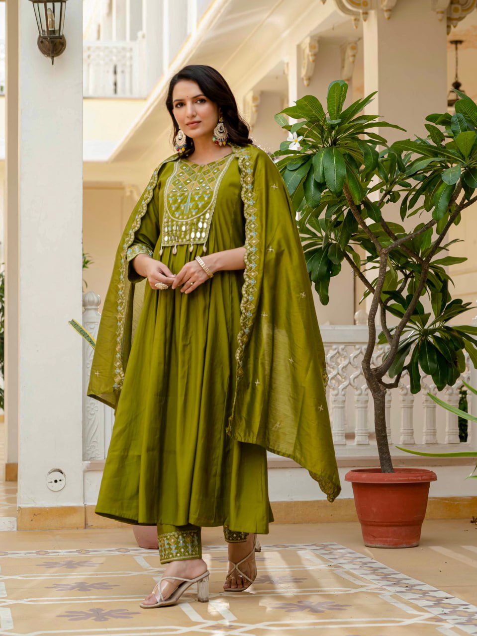Moonpalav Earthy Olive Roman Silk Mirror Work Anarkali Set with Dupatta