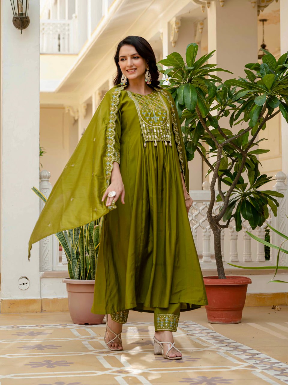 Moonpalav Earthy Olive Roman Silk Mirror Work Anarkali Set with Dupatta