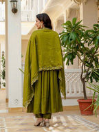 Moonpalav Earthy Olive Roman Silk Mirror Work Anarkali Set with Dupatta
