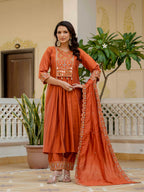 Moonpalav Terracotta Rust Roman Silk Mirror Work Anarkali Set with Dupatta