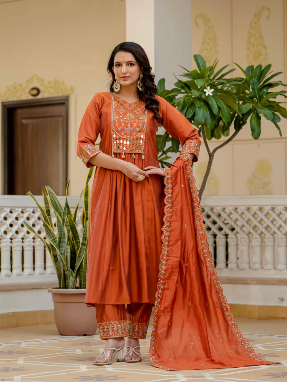 Moonpalav Terracotta Rust Roman Silk Mirror Work Anarkali Set with Dupatta