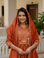Moonpalav Terracotta Rust Roman Silk Mirror Work Anarkali Set with Dupatta