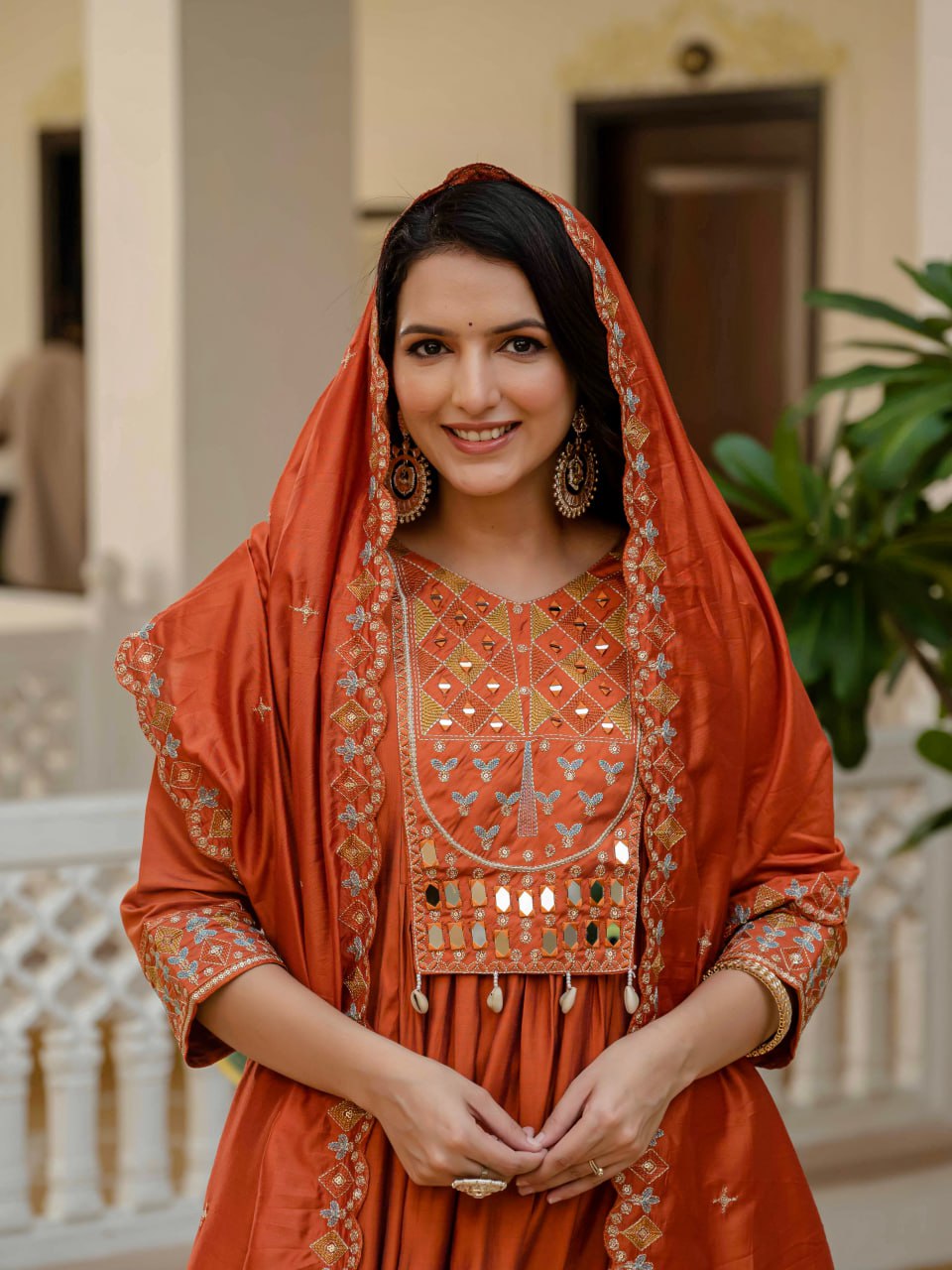 Moonpalav Terracotta Rust Roman Silk Mirror Work Anarkali Set with Dupatta