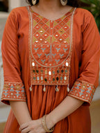 Moonpalav Terracotta Rust Roman Silk Mirror Work Anarkali Set with Dupatta