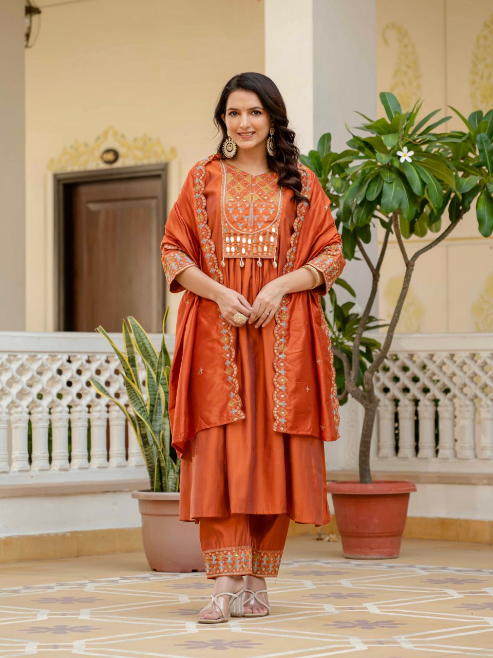 Moonpalav Terracotta Rust Roman Silk Mirror Work Anarkali Set with Dupatta