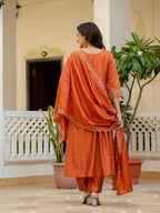 Moonpalav Terracotta Rust Roman Silk Mirror Work Anarkali Set with Dupatta