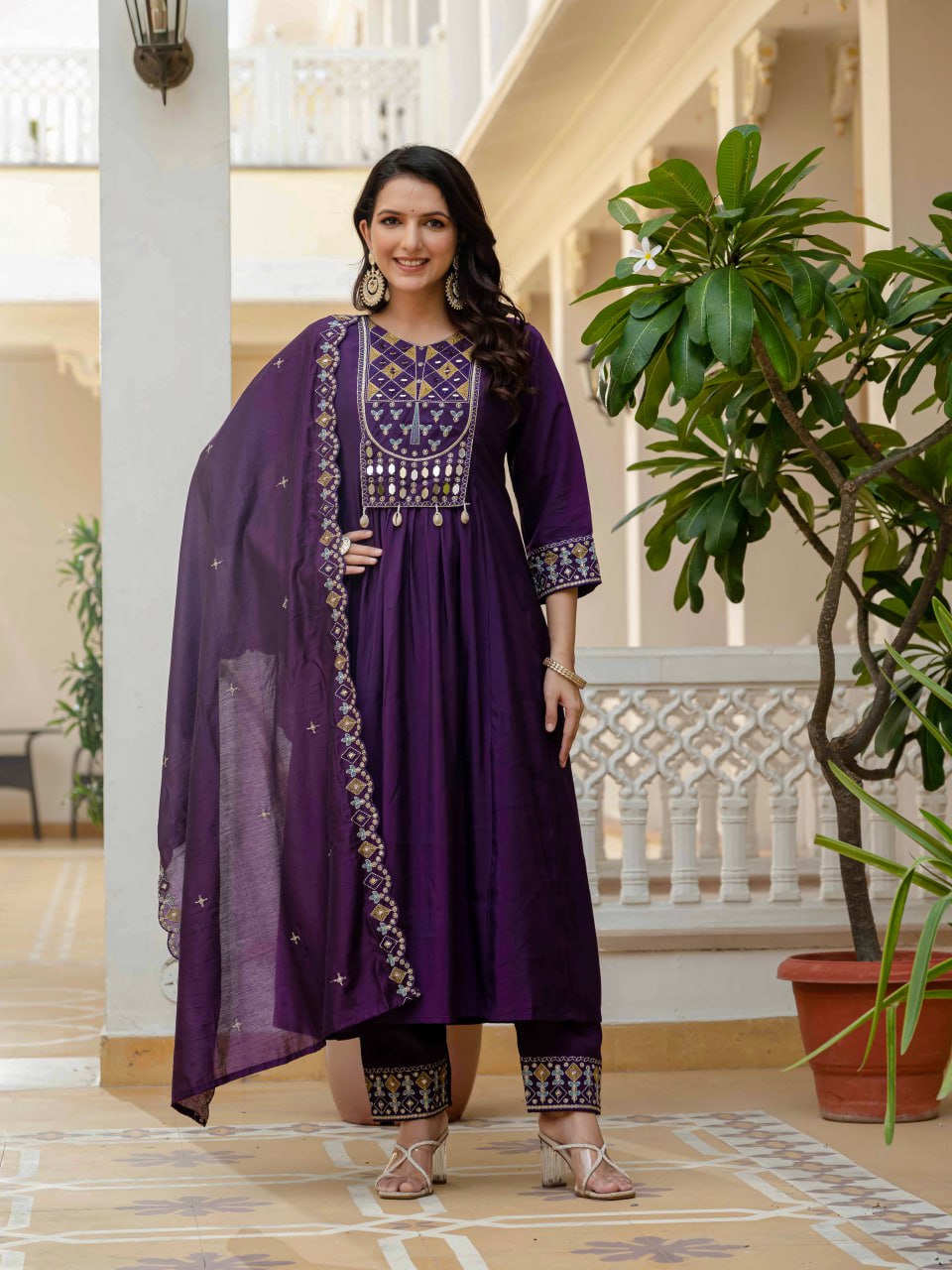 Moonpalav Deep Plum Roman Silk Mirror Work Anarkali Set with Dupatta