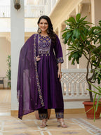 Moonpalav Deep Plum Roman Silk Mirror Work Anarkali Set with Dupatta