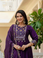 Moonpalav Deep Plum Roman Silk Mirror Work Anarkali Set with Dupatta