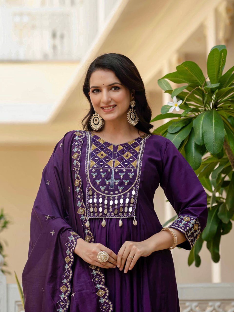Moonpalav Deep Plum Roman Silk Mirror Work Anarkali Set with Dupatta