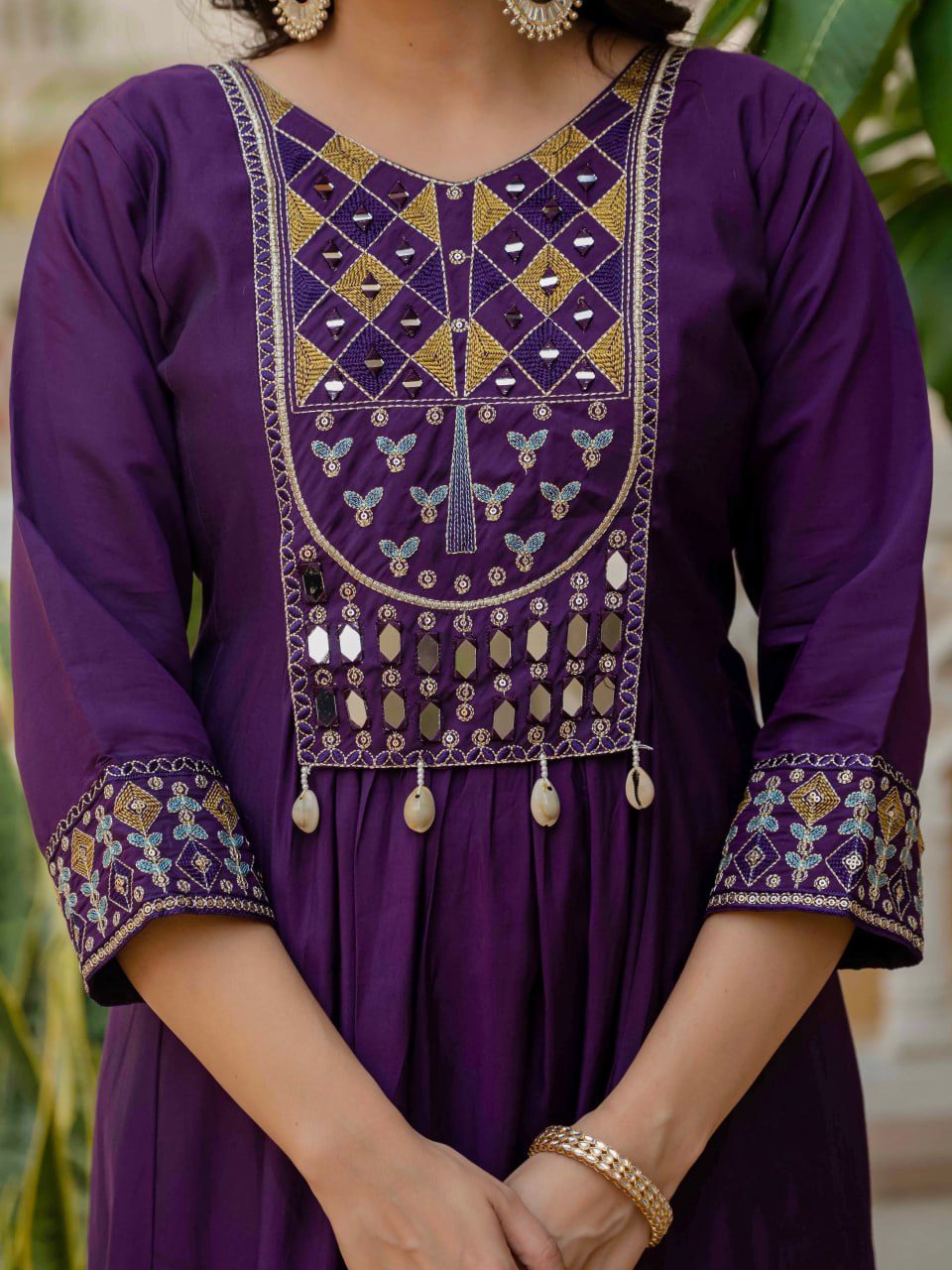 Moonpalav Deep Plum Roman Silk Mirror Work Anarkali Set with Dupatta