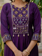 Moonpalav Deep Plum Roman Silk Mirror Work Anarkali Set with Dupatta