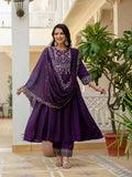 Moonpalav Deep Plum Roman Silk Mirror Work Anarkali Set with Dupatta