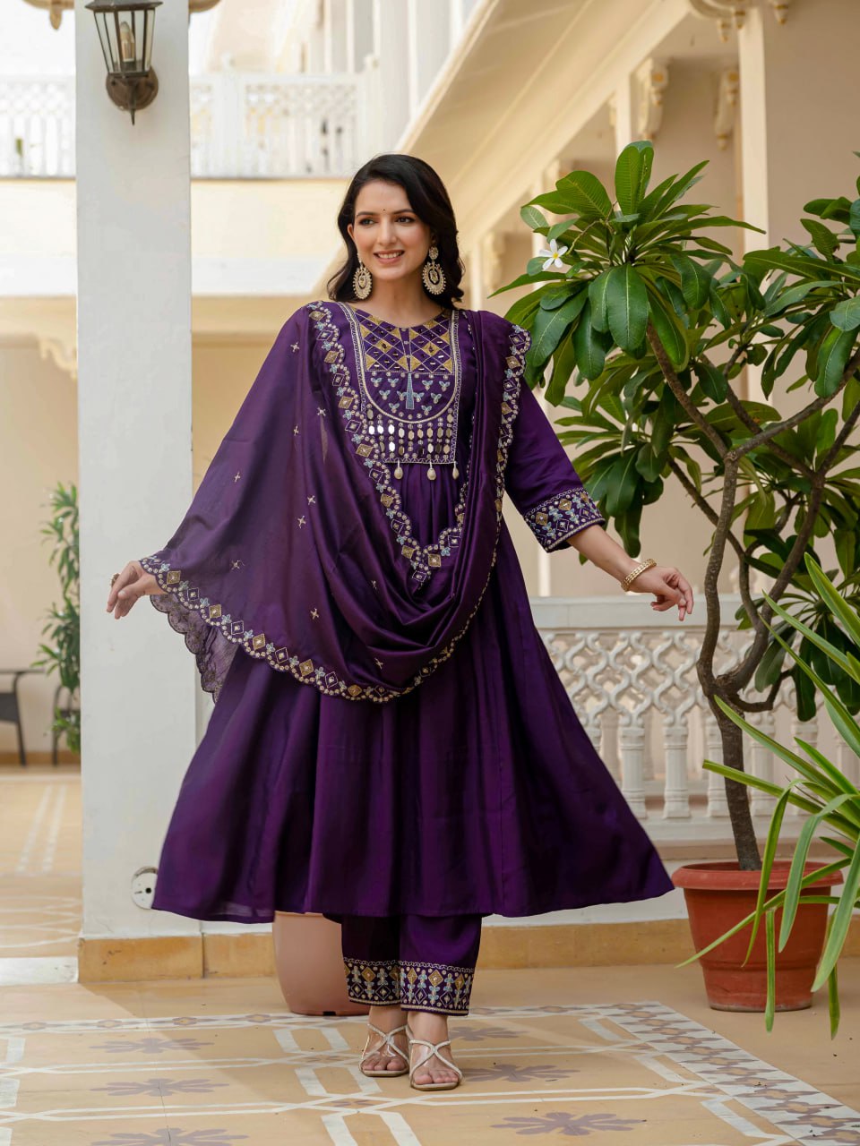 Moonpalav Deep Plum Roman Silk Mirror Work Anarkali Set with Dupatta