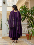 Moonpalav Deep Plum Roman Silk Mirror Work Anarkali Set with Dupatta