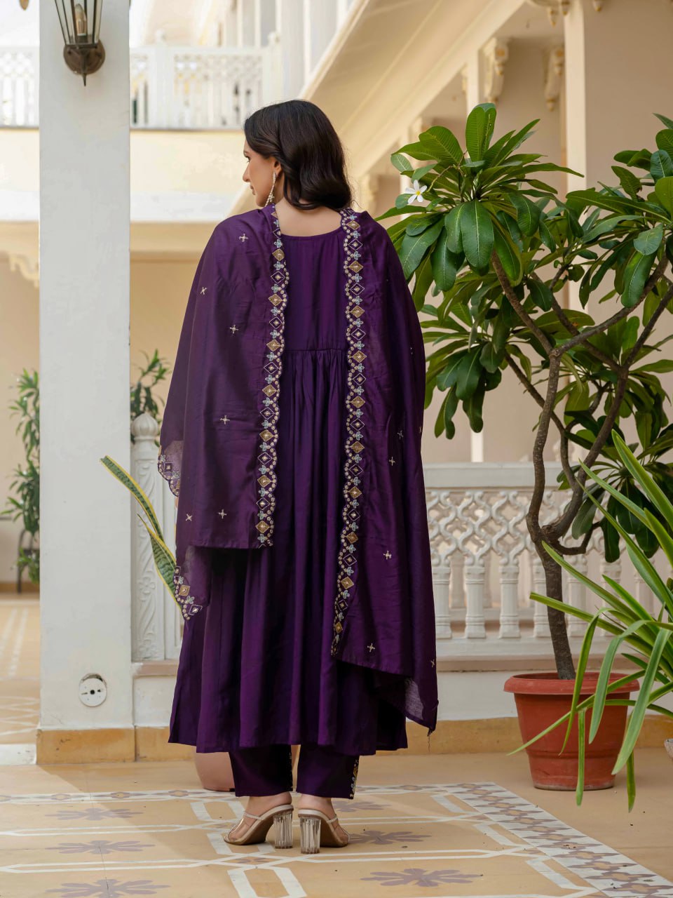 Moonpalav Deep Plum Roman Silk Mirror Work Anarkali Set with Dupatta