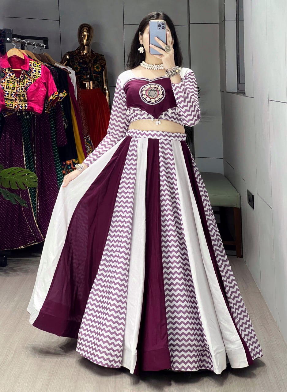 Wine & White Chevron Leheriya Lehenga Choli Set for Navratri