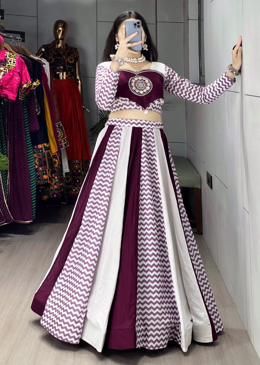 Wine & White Chevron Leheriya Lehenga Choli Set for Navratri